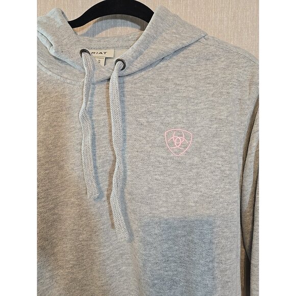 Ariat Womens Logo Spell Out Hoodie Sweatshirt pocket Gray Pink Size L New - Picture 2 of 16